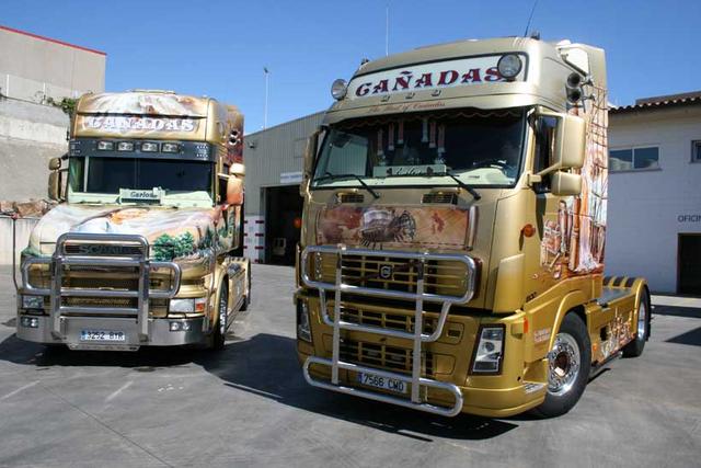 Las joyas de la corona son estas dos tractoras, correspondientes a bandos irreconciliables de la familia; Volvo y Scania.